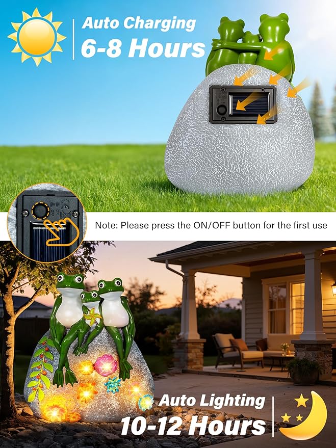 Guhope Solar Garden Statues, Outdoor Solar Frog Decor with Succulent and 6 LED Lights, Outside Yard Figurine Decor for Garden, Lawn, Patio, Balcony, Porch, Unique Gifts for Mom Grandma