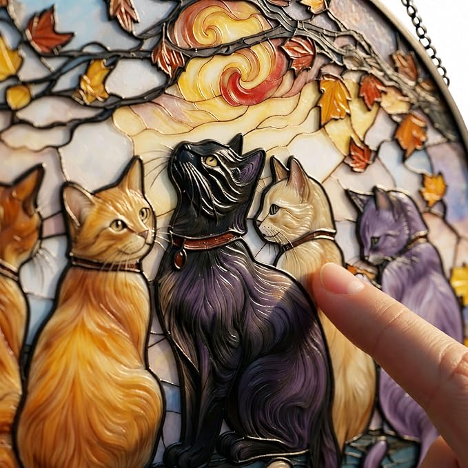 Statement Deluxe Bundle | Stained Glass Window Hanging, Five Cats 3D Embossed Diamond Glass Suncatcher, 7-Piece Cat Lover Gift Set with Crystal Pendant & Invisible Hooks