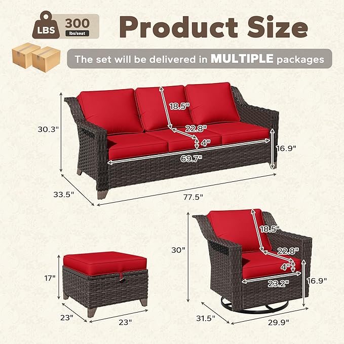 5 Pieces Patio Conversation Furniture Set - 1 Sofa, 2 Swivel Chairs, 2 Ottomans, Outdoor Wicker Furniture with Removable Cushions for Porch, Balcony, Sunroom (Red)