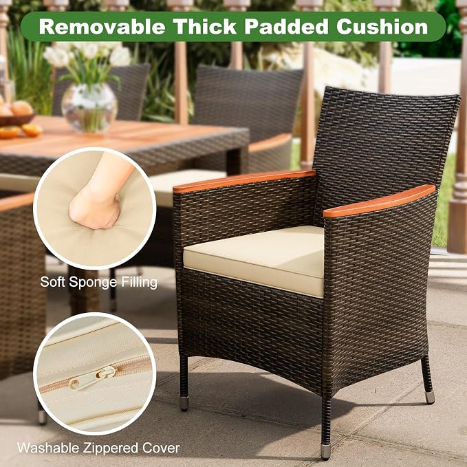 DORTALA Patio Dining Furniture Set for 6, 7 Piece PE Rattan & Acacia Wood Outdoor Table and Chairs with Umbrella Hole, Cushions for Backyard Poolside, 400 Lbs Capacity, Mix Brown