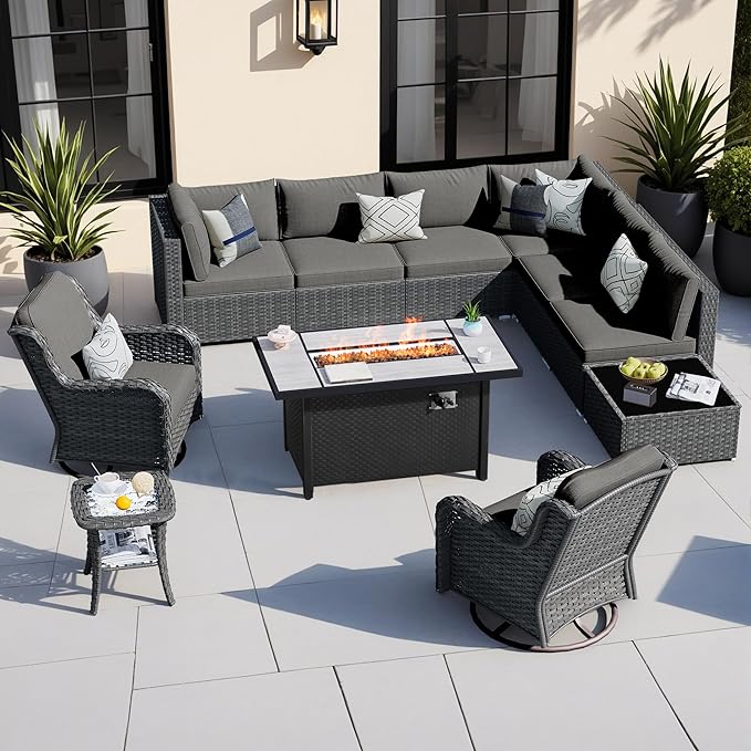 HOOOWOOO Outdoor Patio Furniture with Fire Pit Set 11 Pieces Patio Set with Fire Pit Wicker Outdoor Furniture with Fire Pit Table Set Patio Sectional Set with Swivel Chairs,Black