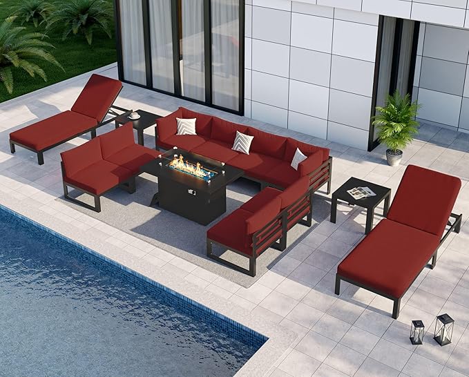 NICESOUL 13 Pcs Aluminum Patio Sectional Furniture Set with Lounge Chair & Fire Pit Table, 500 lbs Heavy Duty Anti-Rust Outdoor Couch, 29" Deep Wide Seat, High End Conversation Sofa for Poolside, Red