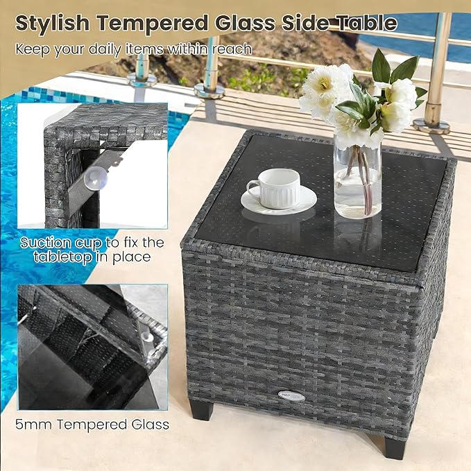 ORALNER 3 Pieces Patio Furniture, Outdoor Wicker Conversation Set Chairs with Soft Cushions and Glass Coffee Table, Mix Gray Rattan Bistro Set for Balcony Garden Deck Front Porch Poolside (Beige)