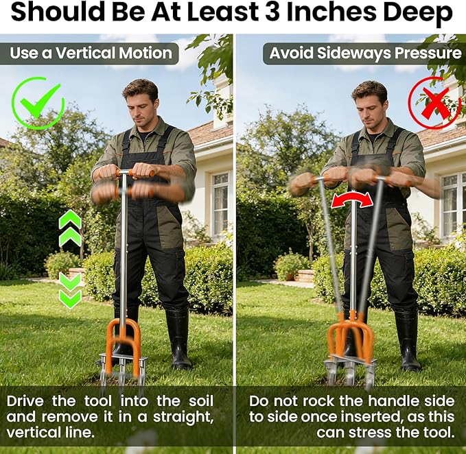 Lawn Aerator, Stainless Steel Lawn Aerator Tool with 3 Hollow Tines, Yard Grass Soil Core Aerator, Manual Lawn Plug Aerators, Core Aeration Tool for Lawn Garden Compacted Soil (Orange)