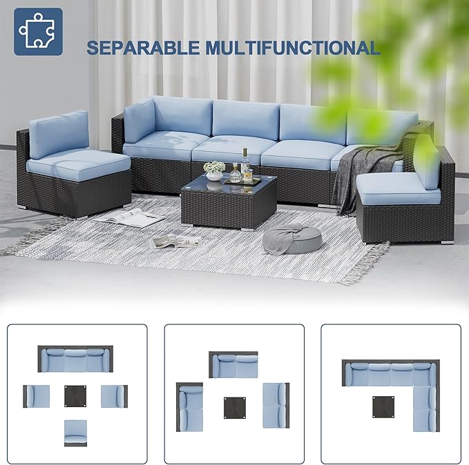 SOLAURA 7 Pieces Outdoor Patio Furniture Set, Black Brown Rattan Outdoor Patio Sectional Conversation Set, Modular Sofa Set with Coffee Table, Sky Blue