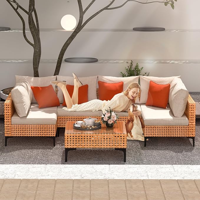 12 Piece Outdoor Patio Furniture Set Modular Outdoor Furniture Set Wicker Outdoor Sectional Sofa with Cushions and Tea Table Patio Set for Balcony Porch Deck Yard (Salmon&Orange Wicker, Sand Cushion)