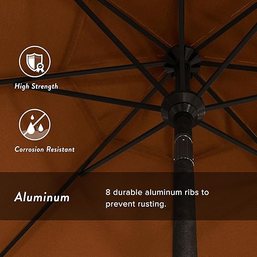 California Umbrella 9' Round Aluminum Patio Umbrella, Crank Lift, Push Button Tilt, Bronze Pole, 4-year Non-fading fabric, Tuscan