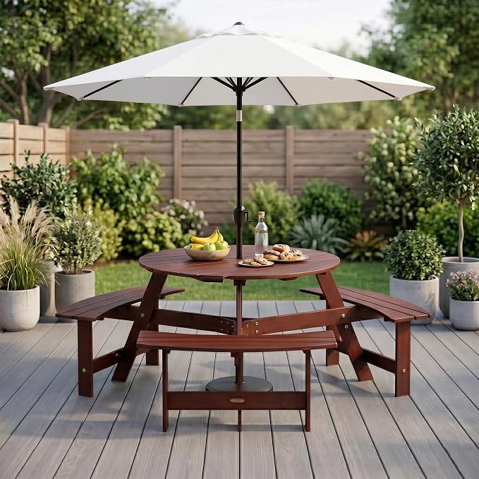 6 Person Wood Picnic Table, Outdoor Round Dining Table with 3 Built-in Benches, Umbrella Hole, Outside Patio Backyard Table and Bench Set, 500lbs Capacity Per Bench(Brown)