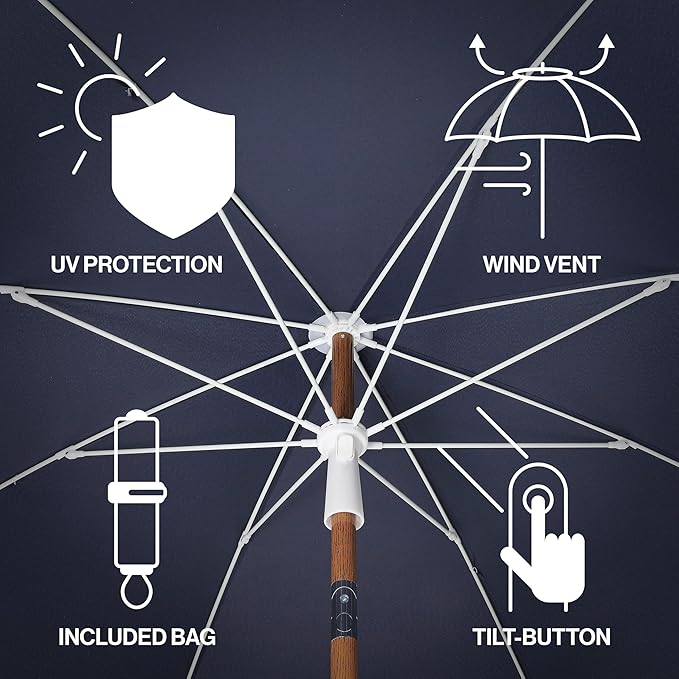 JONATHAN Y Mariner 6.5 ft. Beach Umbrella, Navy Solid with Fringe, Push-Button Tilt, UPF 50+ Sun Protection and Carrying Bag for Patio and Pool, Dark Brown Wood-Finish Pole UMB1005I