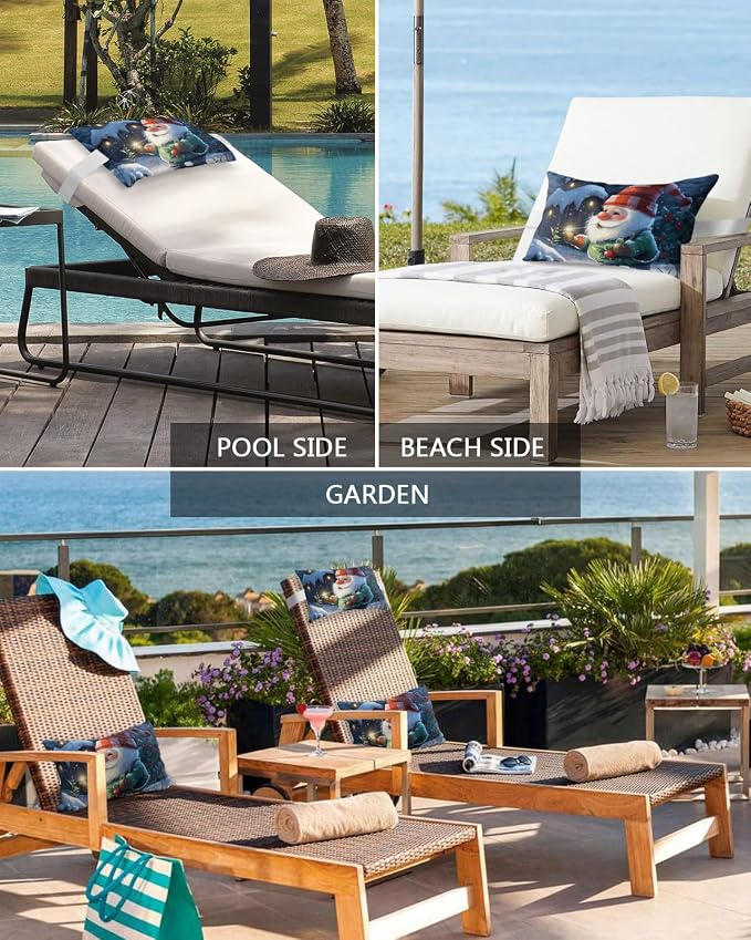 Outdoor Pillows Covers with Inserts Red Cap Gnome Snowing House Forest Christmas Waterproof Recliner Pillow with Adjustable Strap Throw Pillows for Patio Furniture Pool Lounge Chair, 11x16 Inch, 1PCS