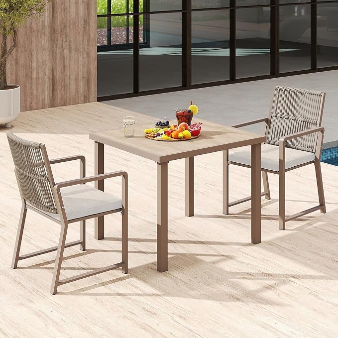 3 Pieces Outdoor Dinning Set Featuring 1 Table and 2 Chairs Waterproof and Rust-Proof Courtyard Style Table Garden Balcony Poolside, Light Brown 3 Pcs