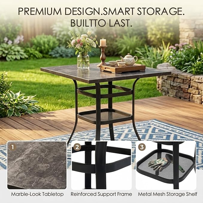 Kozyard Outdoor Bar Height Table with Realistic Marble Texture Top, 36" Square Patio Pub with 2-Tier Storage Shelves, All-Weather Metal High Top Bistro Table for Backyard, Balcony, Poolside