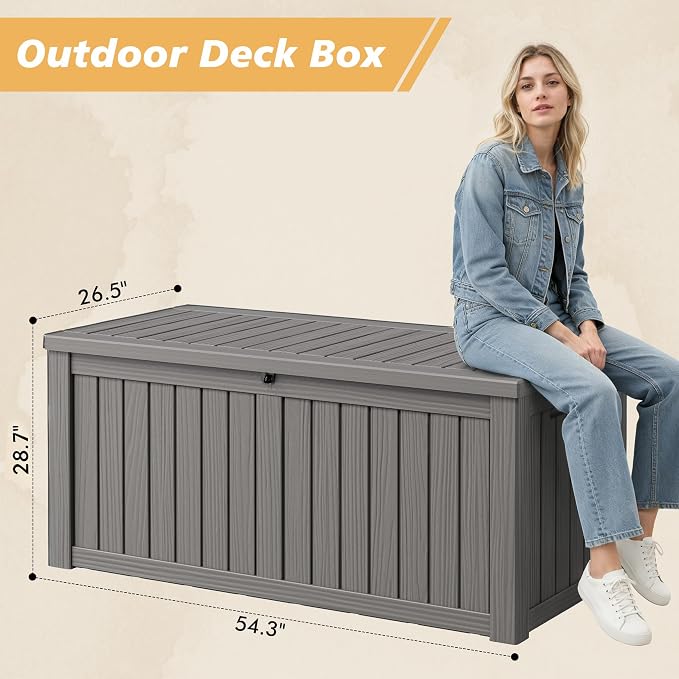 Fancyango 180 Gallon Outdoor Deck Box Waterproof, Large Storage Box for Patio, Resin Storage Bench Lockable for Garden Tools, Package Delivery, Grey