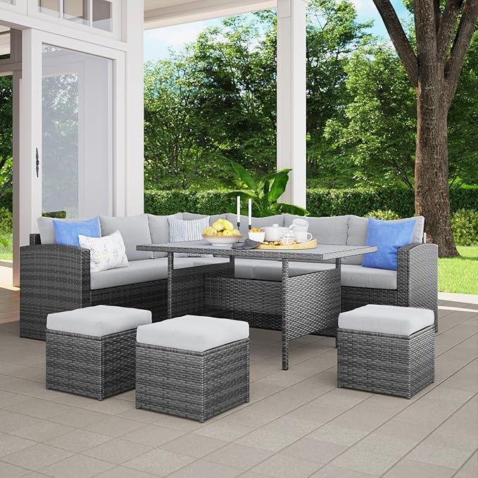 Solaste 7 Piece Patio Furniture Set, All Weather Wicker Patio Conversation Sets with Cushion Seat & Pillows, Outdoor Dining Set, Patio Furniture Outdoor Sectional, Light Grey