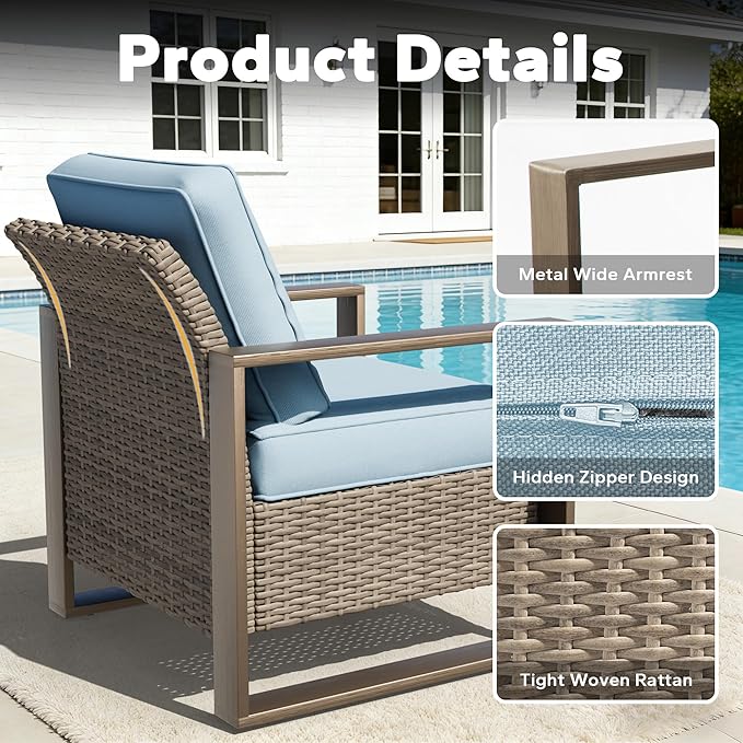 6 Pieces Metal Wicker Patio Furniture Set - 75" Sofa, 2 Armchairs and 2 Ottomans, 1 Coffee Table All Weather Rattan Outdoor Conversation Furniture with Washable Cushion for Deck Porch, Baby Blue