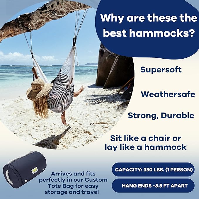 Handwoven Hammock & Charcoal Vista Stand by Yellow Leaf Hammocks - Hanging Chair, Fits 1 Person, 330lb max - Weathersafe, Easy to Hang & Setup, Ultra Soft, Artisan Made - Hammock Color: Navy Blue & W
