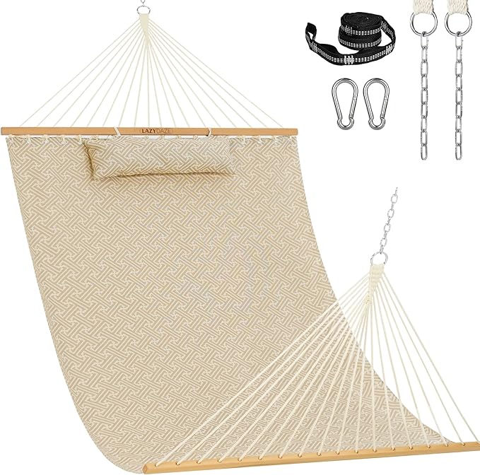 Lazy Daze Hammocks 12 FT Sunbrella Fabric Hammock not Fading with Spreader Bars and Free Pillow Fits for 2 Persons, All Weather and Fade Resistant for Patio Yard, 450 lbs Capacity, Meander Wren