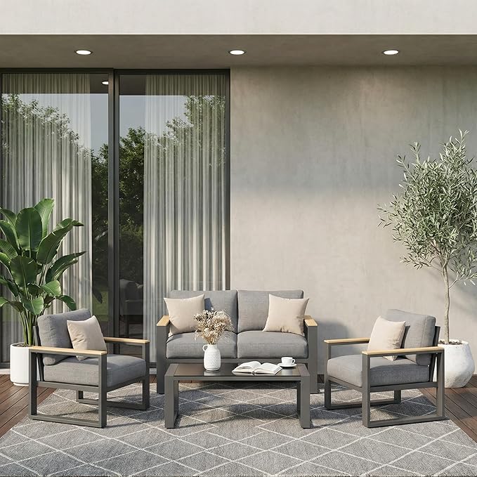 Aluminum Outdoor Patio Furniture Set with Height-adjustable Footrest for Lawn Porches Patio, 4-Seats All-weather Patio Sofa Sets with Coffee Table, Modern Outdoor Patio Conversation set, Grey