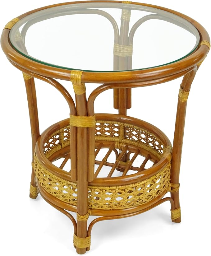 Malibu Handmade Natural Rattan Living Room Set of 2 Rocking Lounge Chairs and Round Coffee Table with Glass, Colonial Color, Dark Brown Cushions