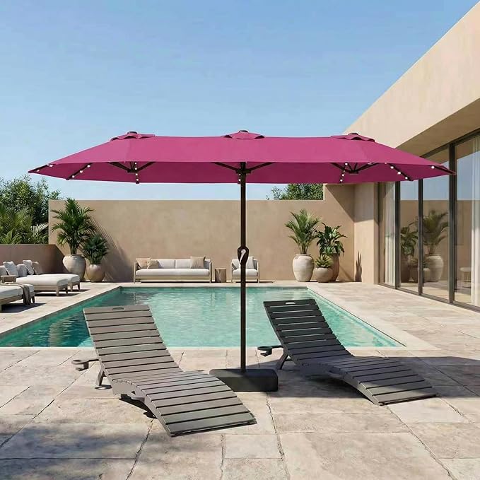 15FT Patio Umbrella with Solar Lights, Double-Sided Extra Large Outdoor Table Umbrella with Base Included, Heavy-Duty 12 Iron Ribs Market Umbrella for Garden, Pool, Backyard, Rose Pink