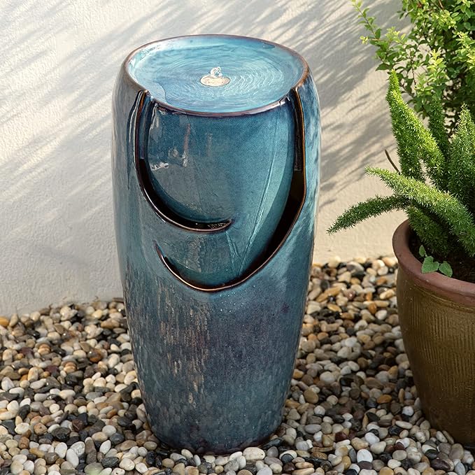Glitzhome 29.25" Outdoor Garden Fountain Ceramic Jar Water Fountain with LED Lights and Pump Cascading Waterfall Vase Fountain for Patio Garden Yard Porch,Turquoise