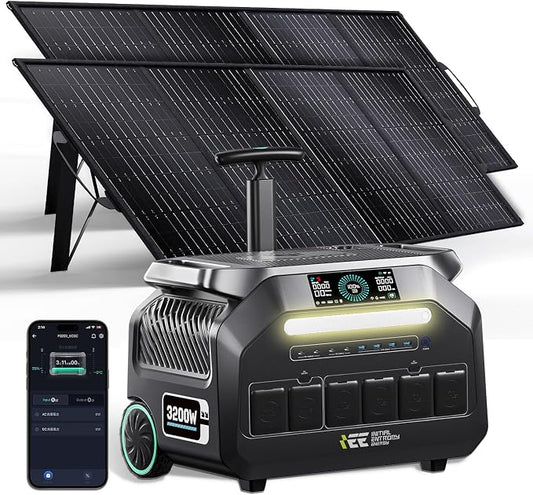 IEE 3200W Portable Power Station P3200 with 2x400W Solar Panels, 2048Wh LiFePO4 Solar Generator, 1800W AC & 1000W Solar Charging, 14 Output Ports(6400W Peak), EPS, for Home Backup, Camping, Emergency
