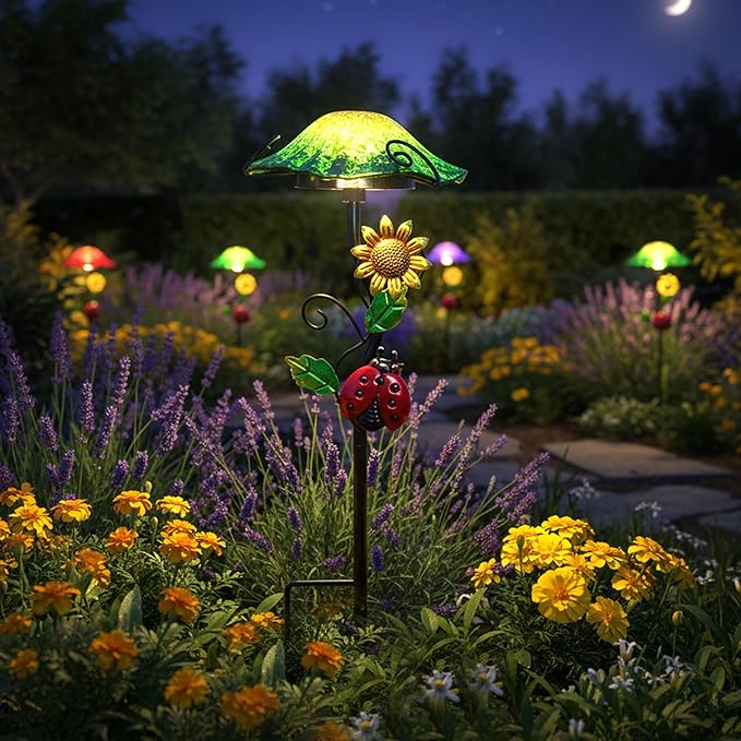Solar Outdoor Lights Decorative Solar Glass Mushroom Lights Waterproof LED Green Garden Stake Light for Walkway Pathway Lawn Patio Yard Decorations.