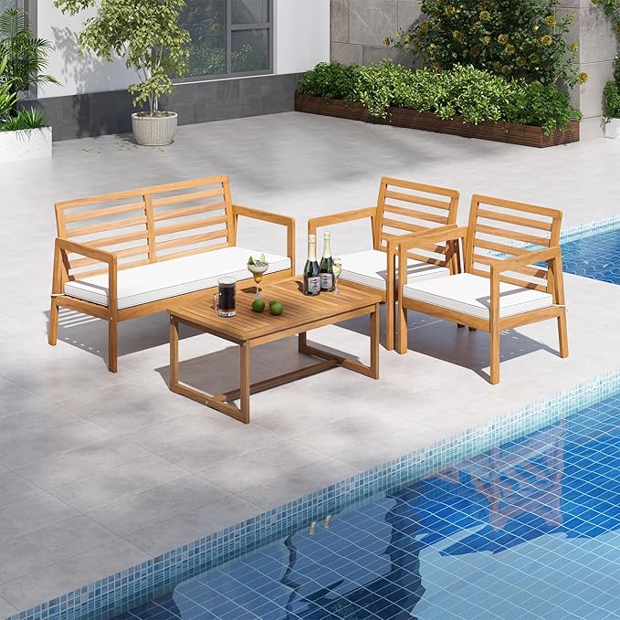 HAPPYGRILL 4 Piece Wood Patio Conversation Set, Armchairs Loveseat & Coffee Table Set with Cushions, Acacia Wood Frame, Outdoor Furniture Set for Porch, Garden, Backyard, Poolside