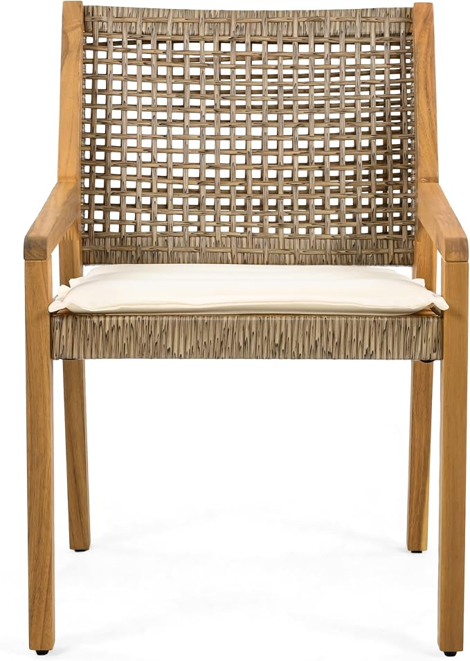 Christopher Knight Home Samma Acacia Wood Outdoor Dining Set for 4, Patio Dining Table Set for 4, Outdoor Dining Table and Sled Base, Dining Chairs with Cushion + Wicker Backrest, Teak+Brown+Cream