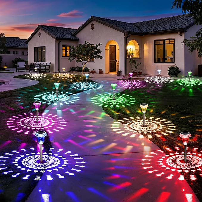 Solar Lights Outdoor Pathway Waterproof, Multicolor Decorative Garden Lights for Walkway Driveway Yard Lawn, Acrylic Solar Powered Landscape Path Lights, 10 Modes (3 White&7 Diverse Colors), 6 Pack