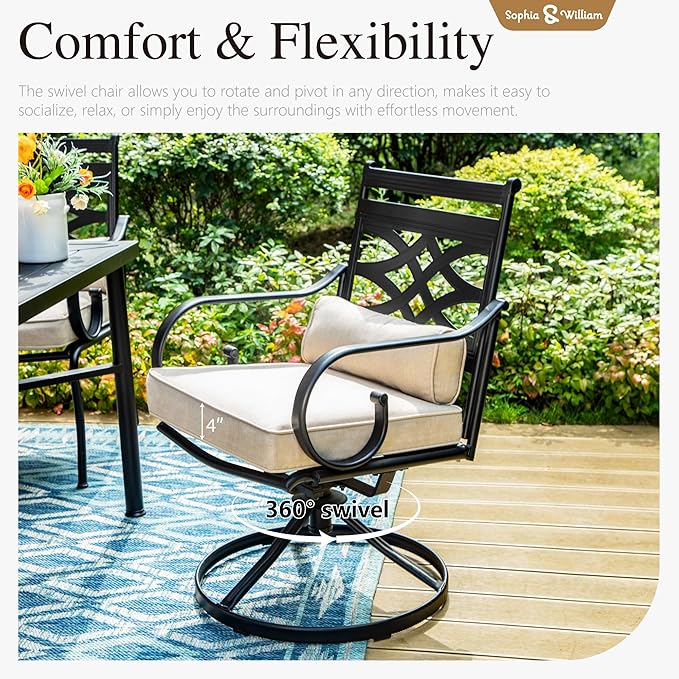 Sophia & William Outdoor Patio Dining Set for 6 | Outdoor Table and Chairs | Removable Seat Cushions | 4 Fixed Chairs | 2 Swivel Patio Dining Chairs | 64" Metal Tabletop with Wood Texture