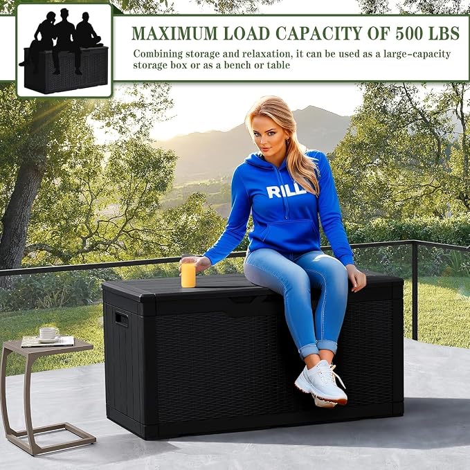 100 Gallon Resin Deck Box Large Outdoor Storage with Imitation Rattan Weave Texture Weatherproof UV Resistant Lockable for Patio Furniture Garden Tools Pool Supplies Dark Black