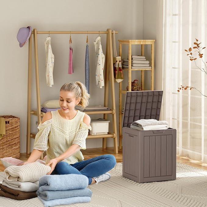 30 Gallon Waterproof Outdoor Resin Deck Box with Lockable Lid, Minimalist Wood Grain Pattern, Easy Assembly Features and Convenient Handles For Cushion, Pillows and other Patio Furniture (Grey)