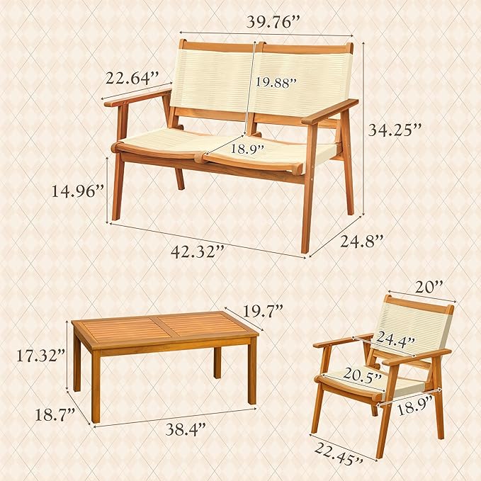 Devoko 4 Pieces Acacia Wood Patio Conversation Sets, Patio Furniture Set with Hand Woven Rope Seats and Back, Outdoor Chair and Table Set for 4 for Balcony, Backyard, Deck, Poolside