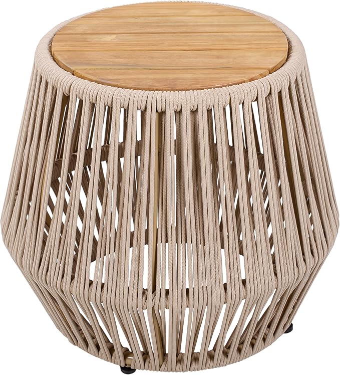 Merax Bohemian Round Outdoor Side Table with Acacia Wood Top and Beige Handwoven Rope Base, Boho Patio Coffee Table for Garden, Pool, Deck, Balcony, Yard