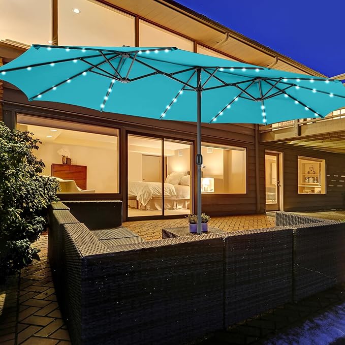 Tangkula 15 Ft Solar Patio Umbrella, Double-Sided Extra Large Outdoor Market Table Umbrella with 48 LED Lights, Crank Handle, 12 Sturdy Ribs for Poolside, Garden & Backyard (Turquoise)