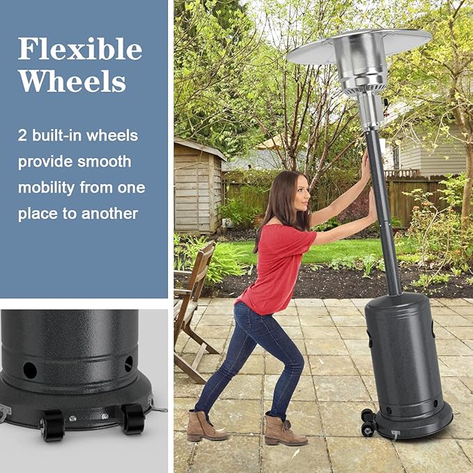 COSTWAY Outdoor Patio Heater, 50000 BTU Propane Heater with Stainless Steel Burner and Wheels, Triple Protection System, Standing Portable Outside Heater for Porch, Deck, Home and Commercial, Grey