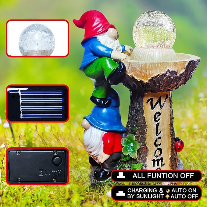Garden Gnomes Outdoor Statue with Solar LED Lights, Solar Garden Gnomes Decorations10.4 in Funny Double Gnomes Sculptures Home Outdoor Lawn Yard Decor, Ideal Gnomes Gifts for Women/Grandma/Mom