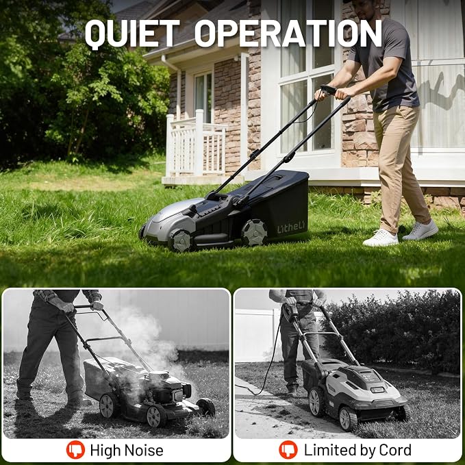 Litheli 40V Brushless Push Mower, 16″ Cordless Lawn Mower, 6 Adjustable Heights (1-3″), 50L Collection Bag & Mulching, 2×5.0Ah Batteries & Charger Included