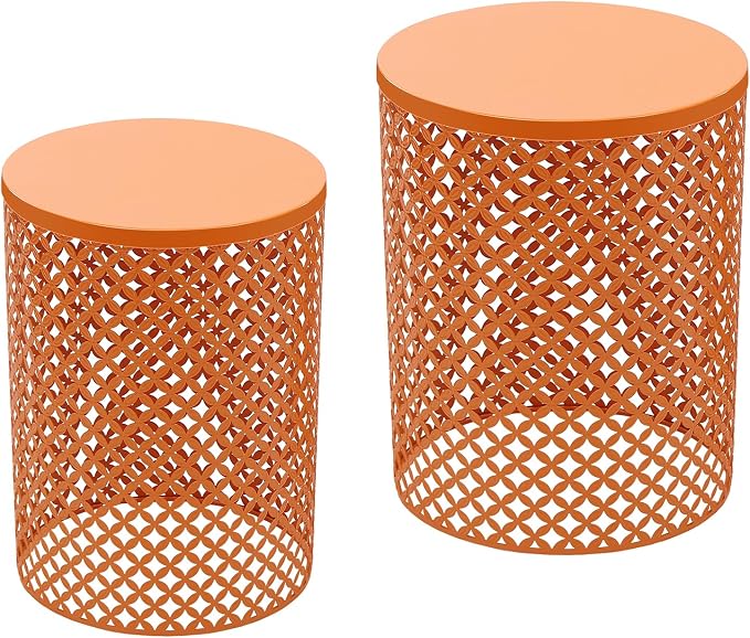 Cylindrical Outdoor Side Tables Set of 2, Metal Frame Accent Table End Table, Vintage Side Tables for Patio Gardens Balconies Cafes Parks (2, Orange)