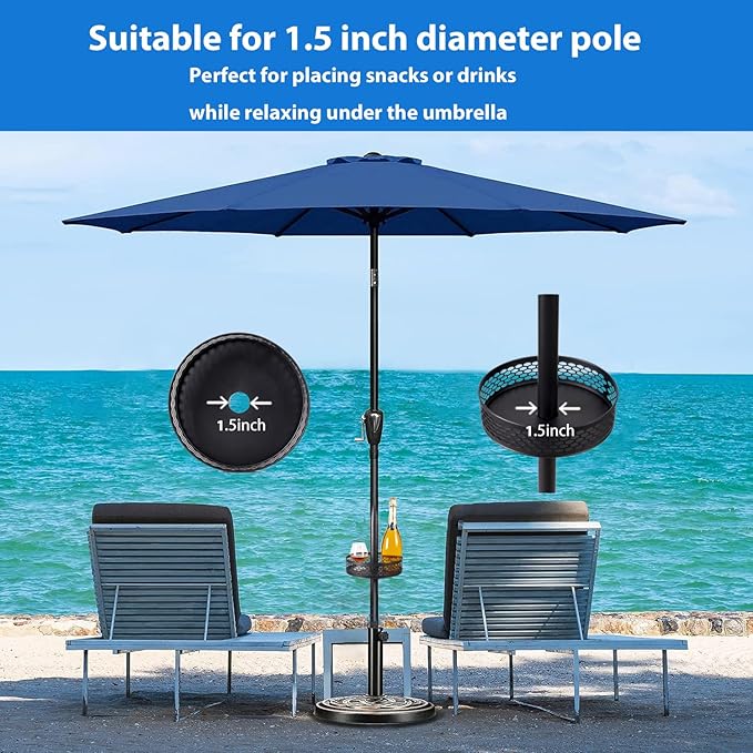 10'' Patio Umbrella Table Tray for Outdoor, Portable Round Table Tray with Umbrella Hole for Beach Patio Garden Pool Umbrella, Hollow Diamond Shape, Black