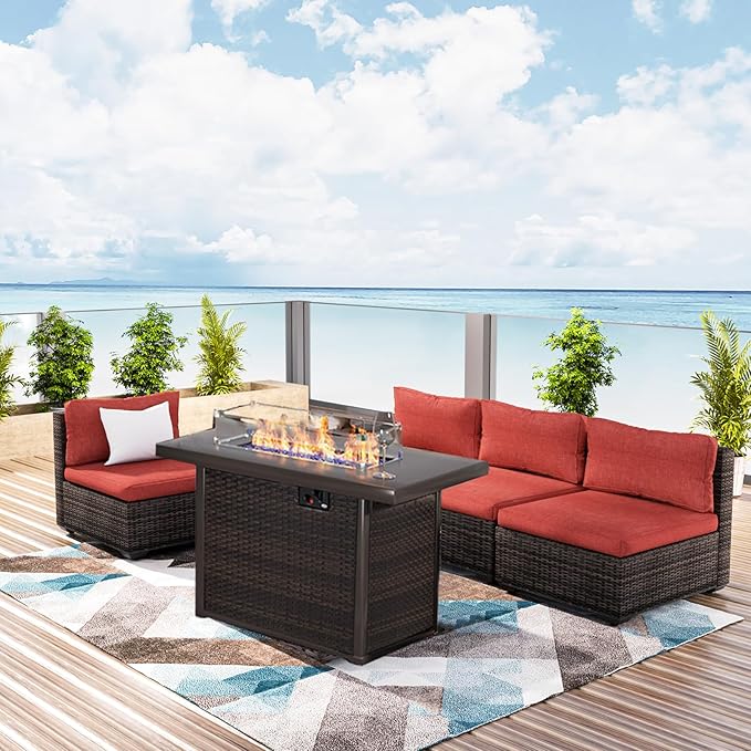 Patio Furniture Set with Fire Pit Table, Outdoor Sectional Rattan Sofa Set, Patio Set Seating Furniture with Thickened Cushions (Red, 5 Pieces)