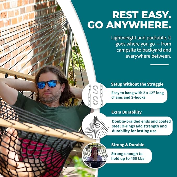 Bliss Hammocks BH-410BK Classic Rope Hammock with Spreader Bar, Black, 80"L x 60"W