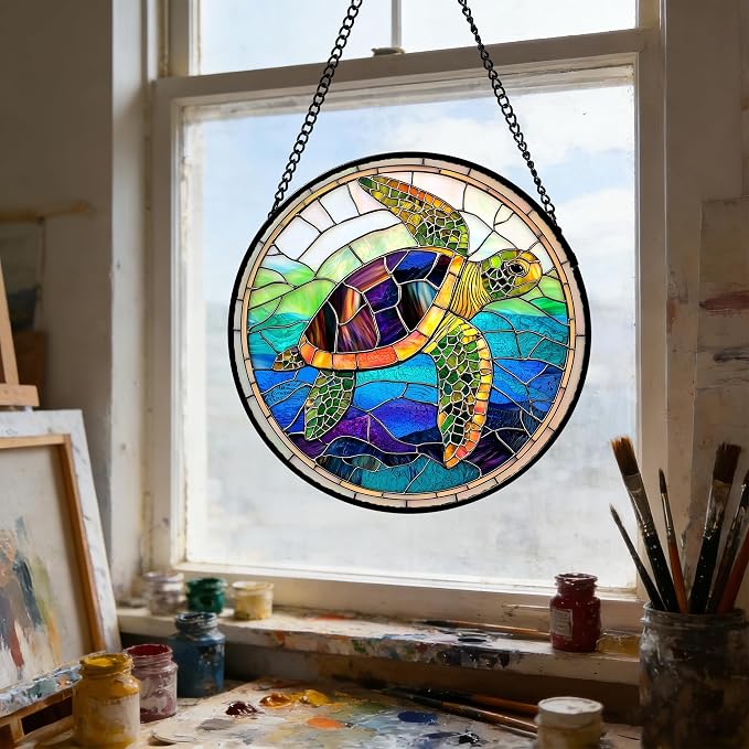 DASTOLL Stained Glass Window Hanging, Colored Turtle Ocean Suncatcher Diamond Glass Panel Hangings Marine Life Sun Catchers Decor for Birthday for Women, Men, Wife, Aunt, Mom 11.8 in