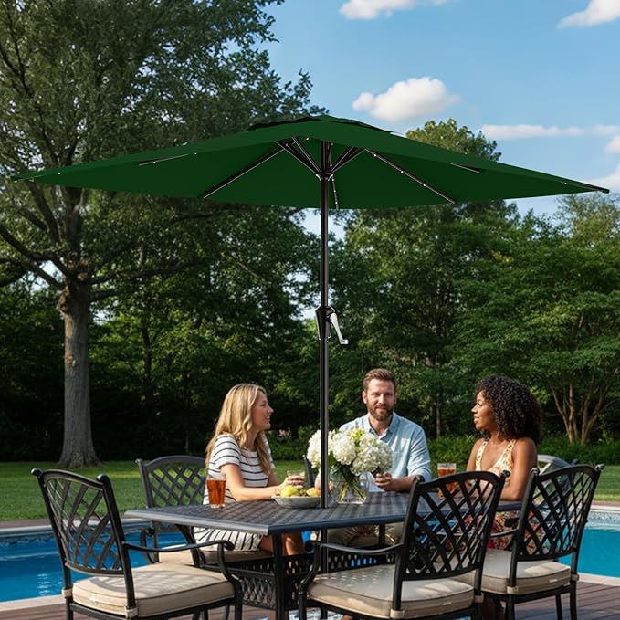 AreShark 8' X 10' Rectangular Patio Umbrella with Solar Lights, Lighted Solar Umbrella with Crank, Outdoor Table Umbrella for Garden, Deck, Backyard, Pool and Beach, Dark Green