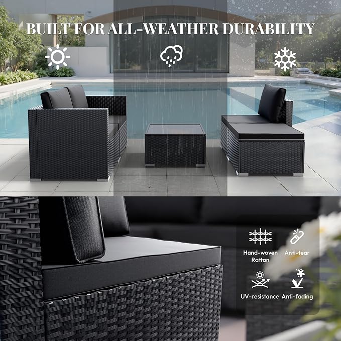 WWR Patio Furniture Set 5 Piece - Wide Armrests - All-Weather Wicker Rattan Outdoor Conversation Couch Sets, Modular Sectional Sofa for Garden, Patio, Poolside, Backyard, Balcony, Porch