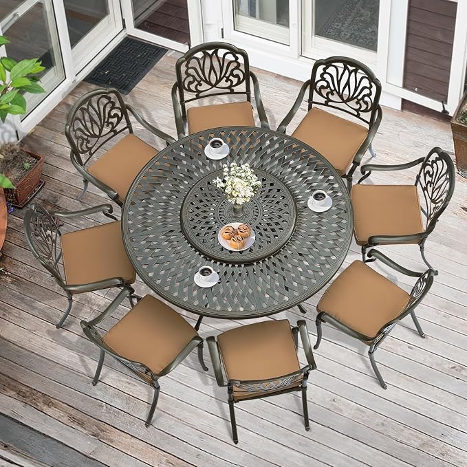 MEETWARM 9-Piece Outdoor Furniture Dining Set, All Weather Cast Aluminum Patio Garden Set- 8 Cushioned Chairs, 61" Round Patio Dining Table with Detachable Lazy Susan, 2" Umbrella Hole,Dark Bronze