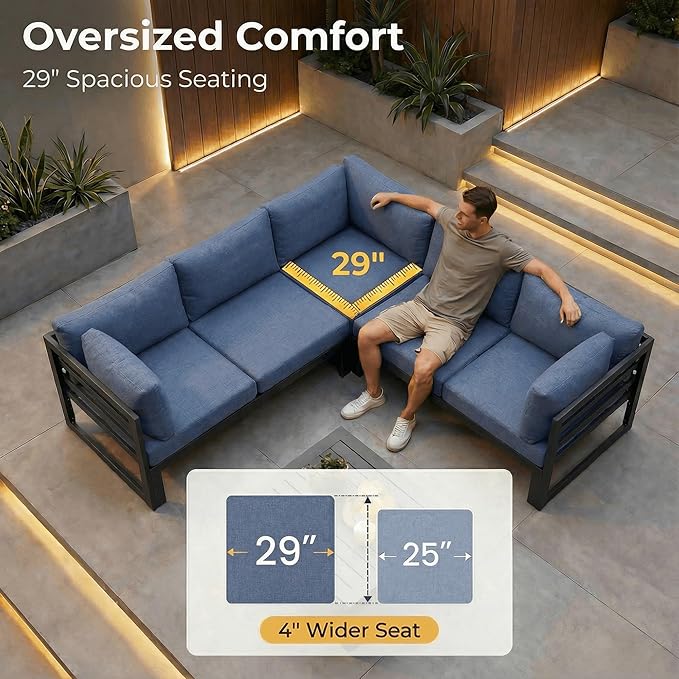 NICESOUL 8 Piece L Shaped Modern Aluminum Outdoor Patio Furniture Set, 29" Wide Deep Sitting, Large Fade Resistant Modular Sectional Sofa, 500 lbs Sturdy Comfy Conversation Set for Garden, Denim Blue