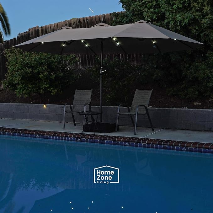 Home Zone Living 15x9 Ft Double Head Patio Umbrella with Base, 36 LED Lights, Sand Bags, UV Resistant & Waterproof, 213 LBS Total Weight, Beige Tan