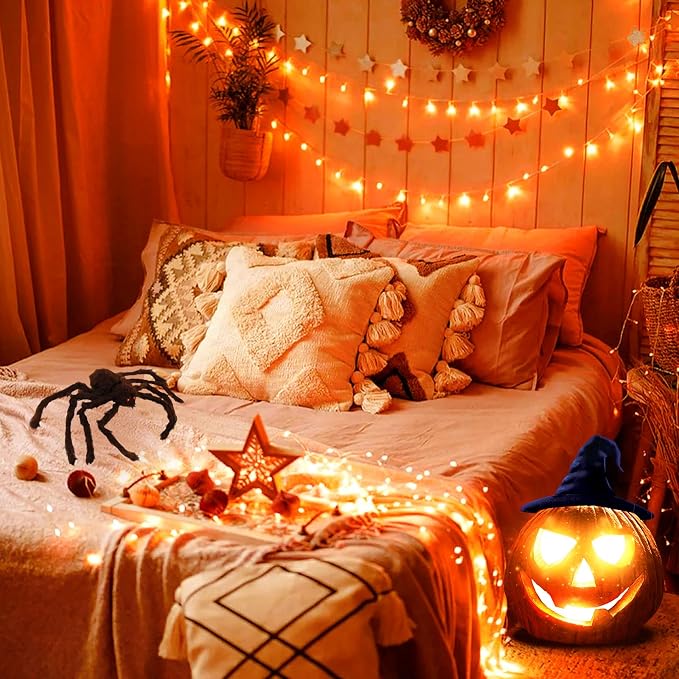 JMEXSUSS Connectable 100 LED Orange Halloween Lights Indoor with 8 Modes | 33ft Halloween String Lights Clear Wire, Plug in Fall Lights Thanksgiving Lights, Christmas Twinkle Lights Plug in for Tree